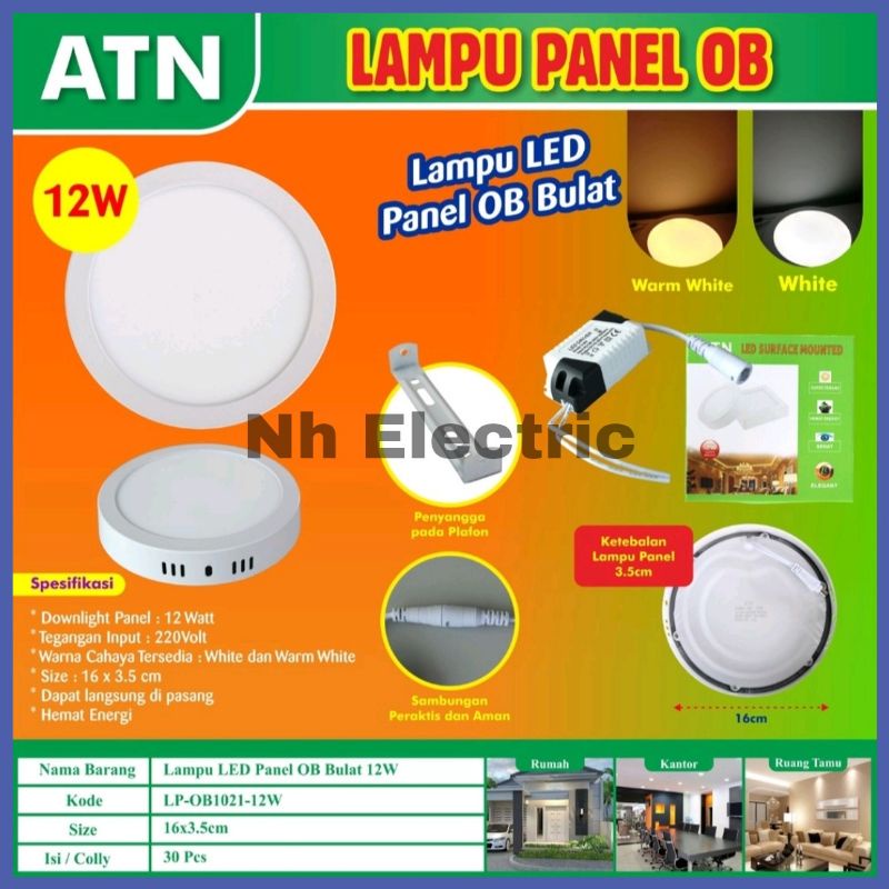 Led Panel 12W OB Bulat Putih Atn - Lampu Downlight 12 Watt Outbow Tempel Bulat White Tipis/Slim Atn SNI