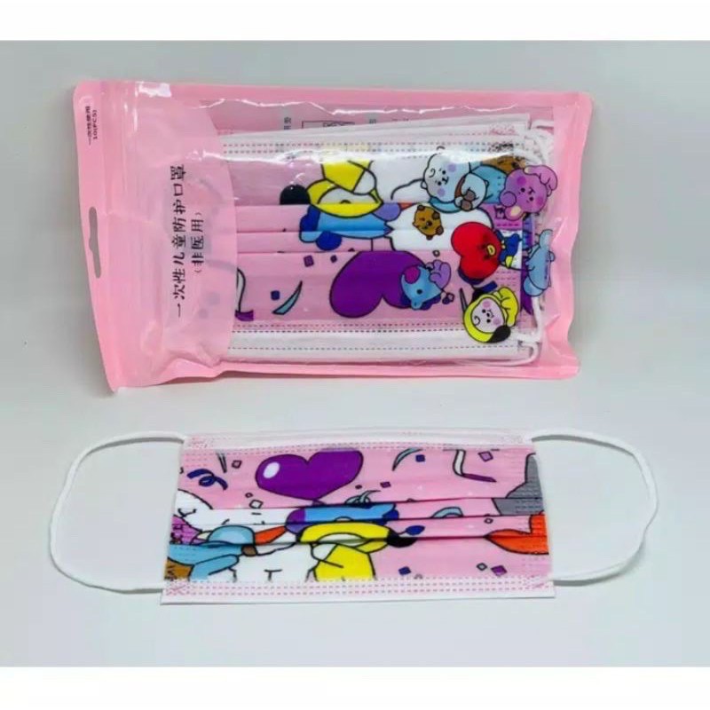 Masker Anak Anak Motif Bt21 BTS Lucu 1pak isi 10pcs