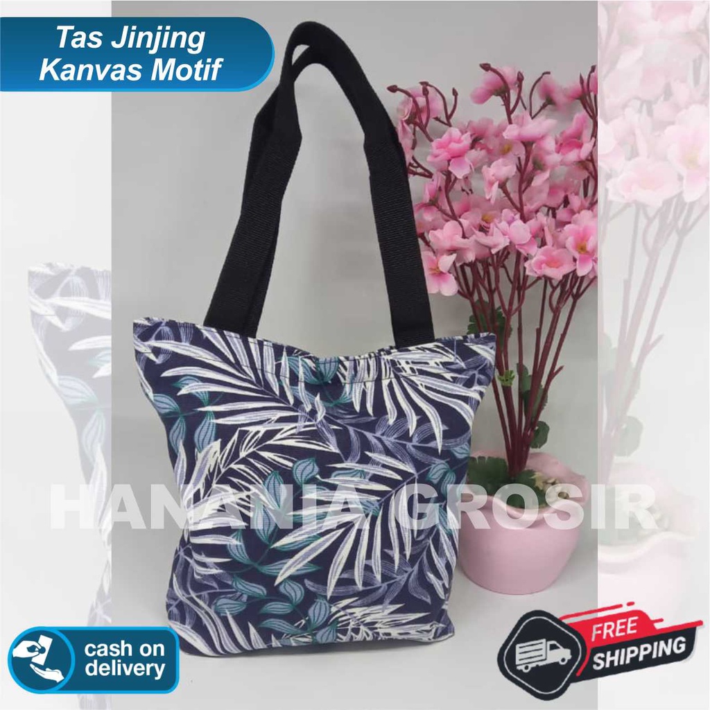 TAS JINJING HANDBAG - TAS MUKENA - TAS MAKEUP BAHAN KANVAS MOTIF DAUN