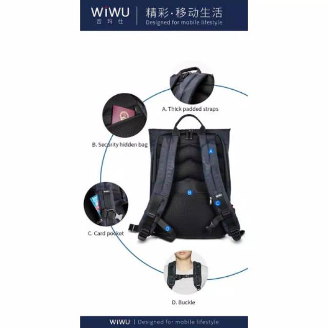 Tas Ransel WIWU VIGOR Fashionable Travel Lightweight 15.6-inch Backpack Blue Abri.