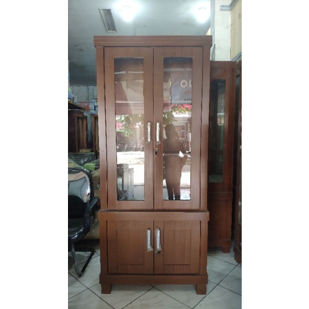 Rak buku kayu lemari pajangan kaca