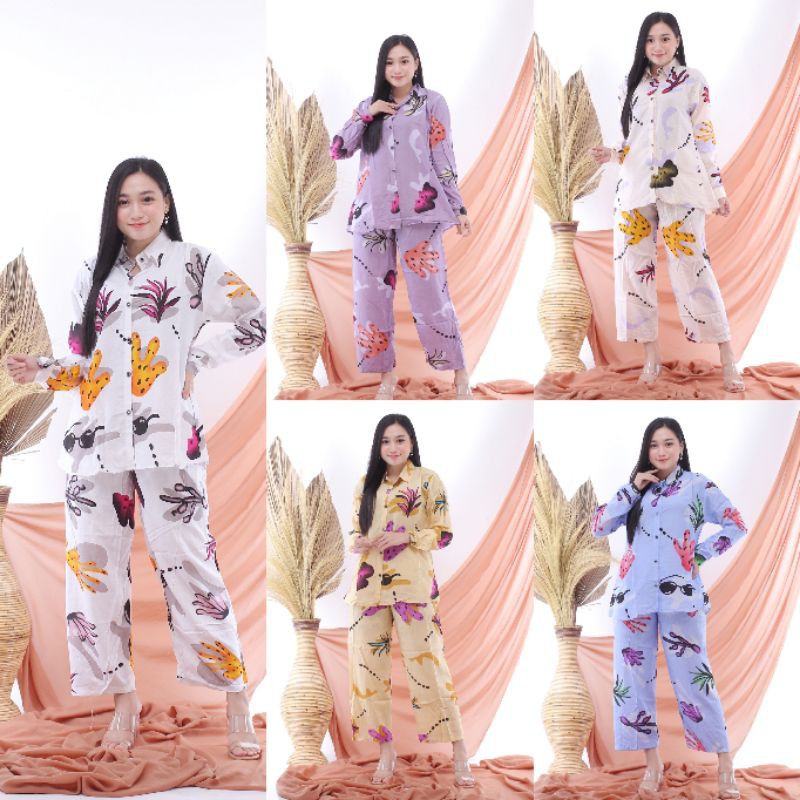 Daily set setelan pajamas / piyama paula syahnaz tie dye abstrak kaktus lengan panjang premium