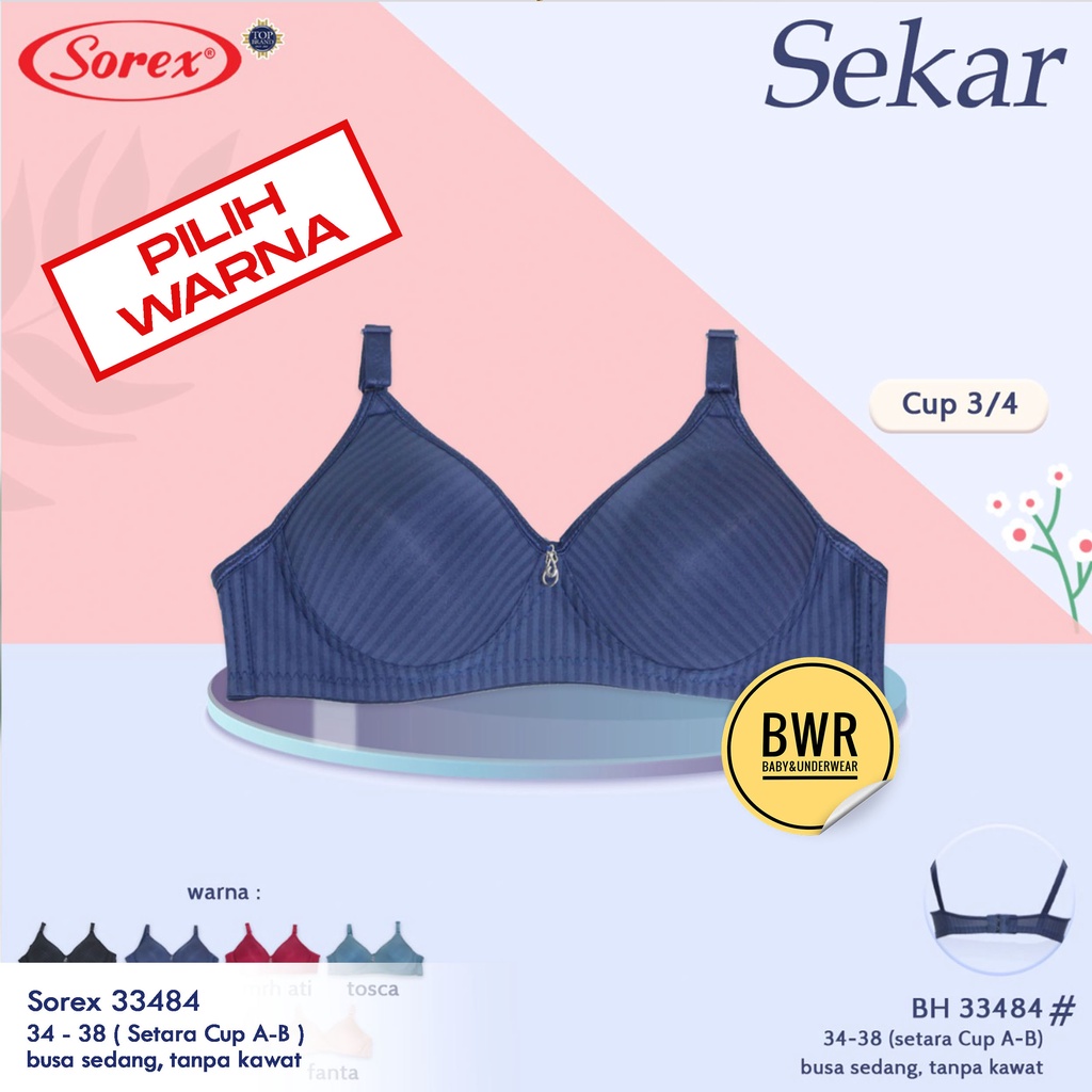 Pilih Warna BH Sorex 33484 Sekar / Bra Wanita Dewasa Fashion Tanpa Kawat Busa Sedang Kait 2 | Bwr