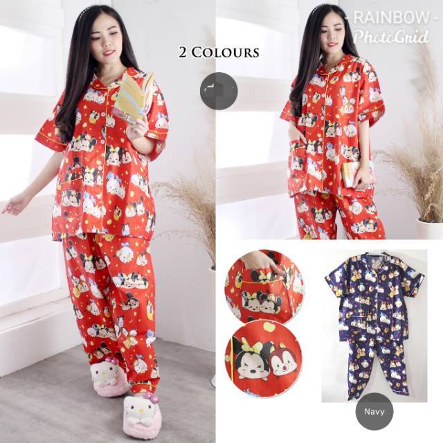 Piyama dewasa CP BIGSIZE,celana panjang baju pendek, FIT TO XXXL,motif TSUM TSUM SKETCH