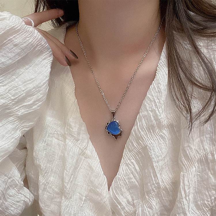 Desain minimalis blue opal cinta liontin kalung wanita ins kepribadian temperamental gaya dingin kal