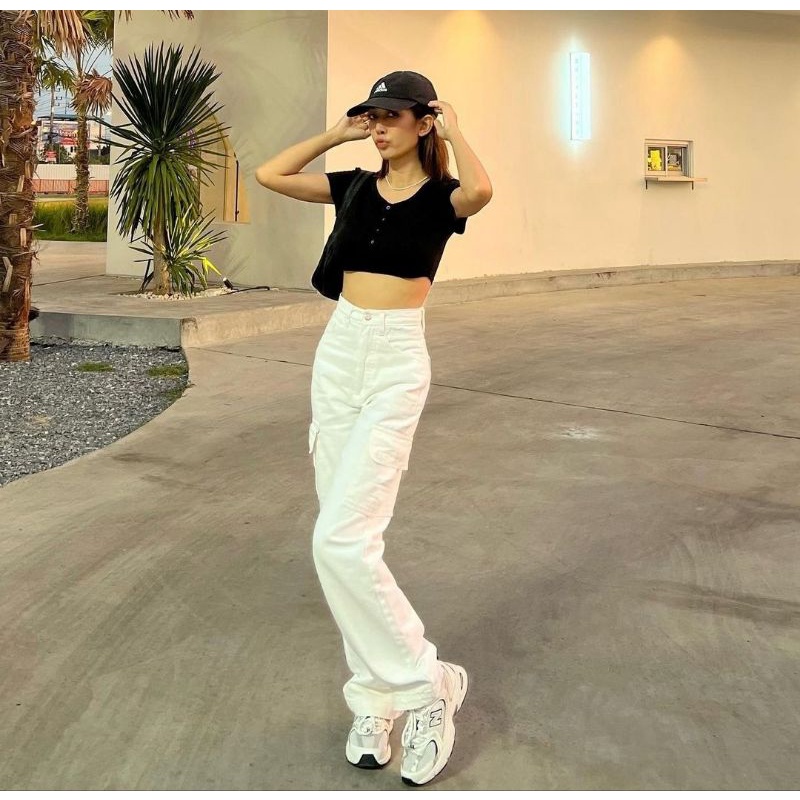 (27-38) WHITE HW CARGO LOOSE JEANS / PUTIH HW CARGO LOOSE JEANS / CELANA HIGHWAIST CARGO LOOSE JEANS WANITA CEWEK