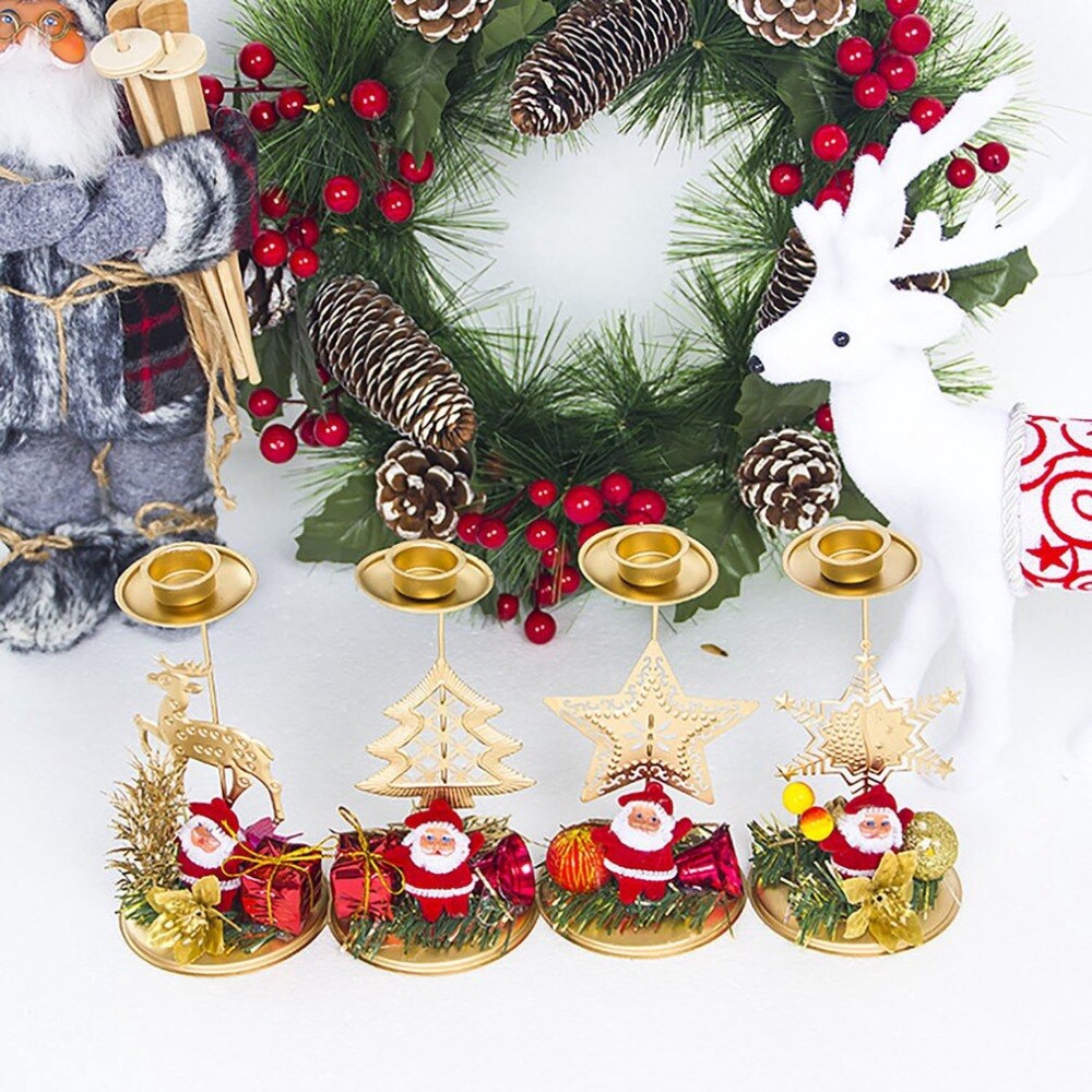 Desktop Ornaments Decor Holder Perlengkapan Xmas Meja Gold Xmas Kekinian Besi Lilin Produk Dekorasi Natal Santa Claus Snowflake Star Elk Tree Candle Holder