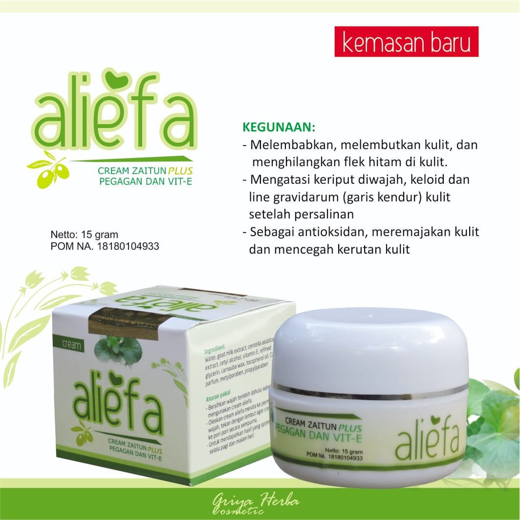 

Cream Zaitun Aliefa Pegagan dan Vitamin E