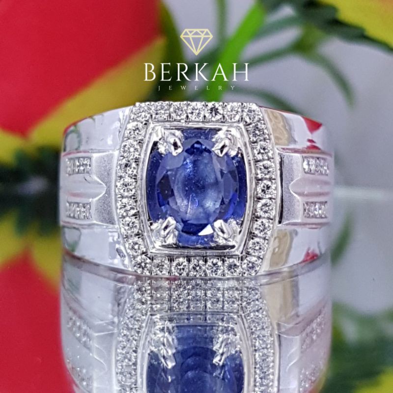 Cincin Pria Perak Palladium Batu Blue Safir Berlian Asli