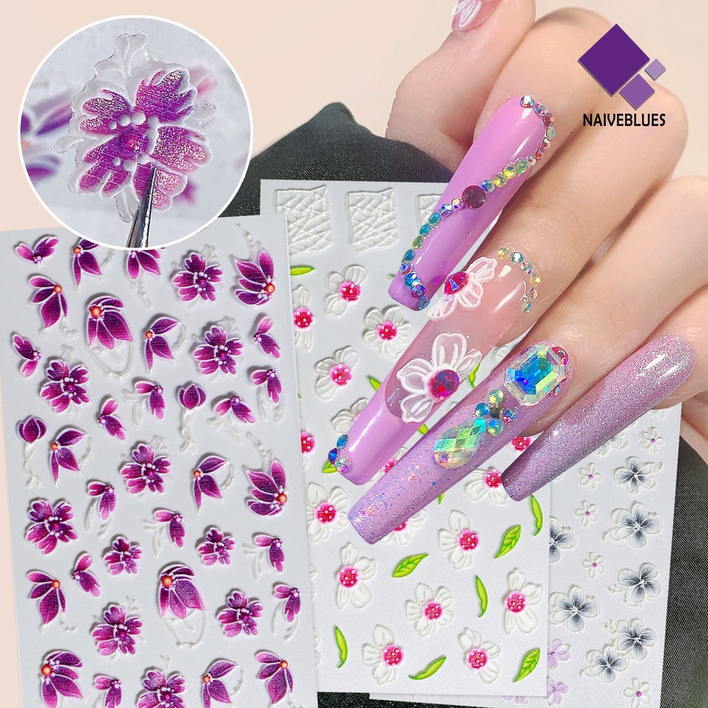 Naiveblue &gt; Stiker Kuku Motif Bunga / Daun 5D Untuk Nail Art DIY