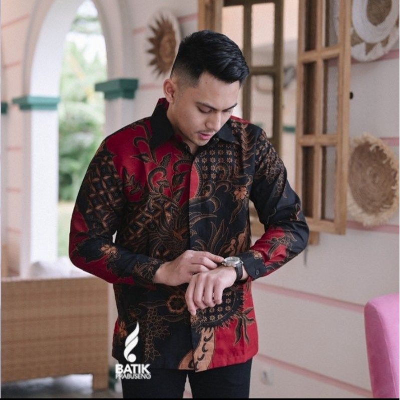 Atasan Kemeja Batik Pria PEKSI MERAH lengan panjang Full Furing halus / Batik Nusantara premium