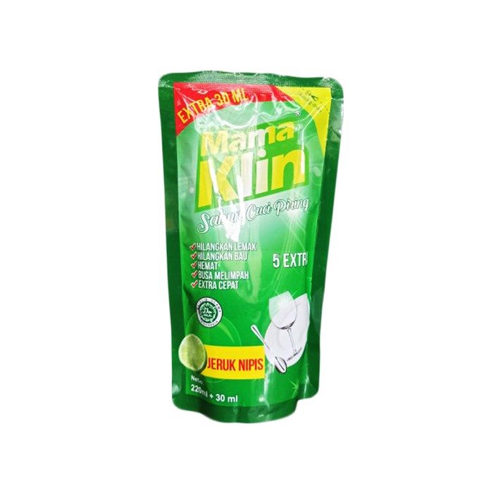 MAMA KLIN - SABUN CUCI PIRING POUCH 220ML EXTRA 30ML (DISHWASHING) HALAL, MURAH, BERKUALITAS! MAMA WANGI LEMON