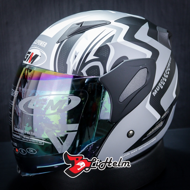GM HELM FIGHTER MUSCLE POWER | BLACK SILVER DOFF | SINGLE VISOR HALF FACE