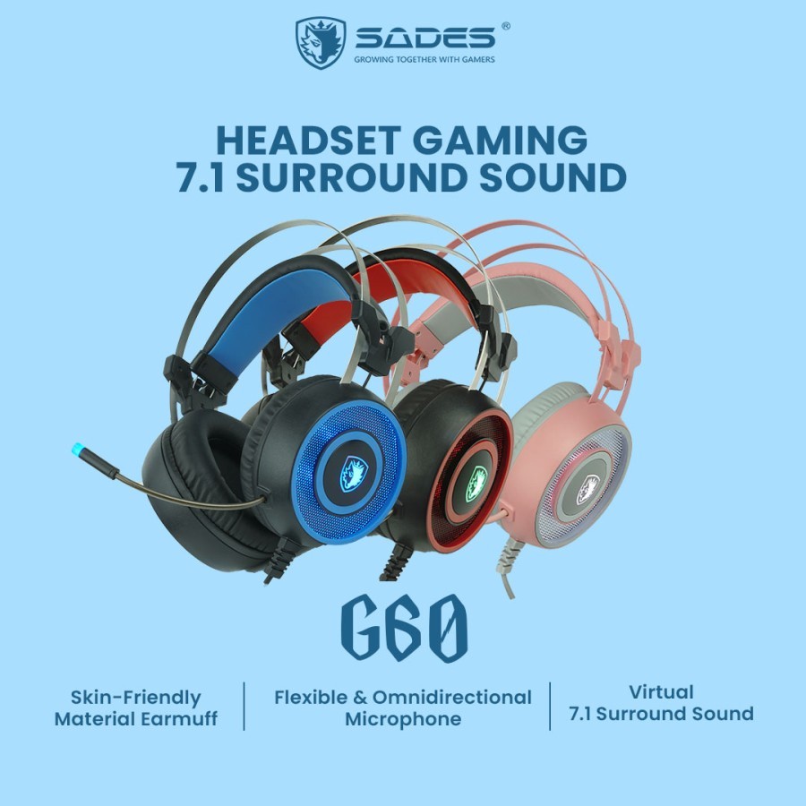 Headset Gaming Sades G60 7.1 Surround Sound - Merah Muda