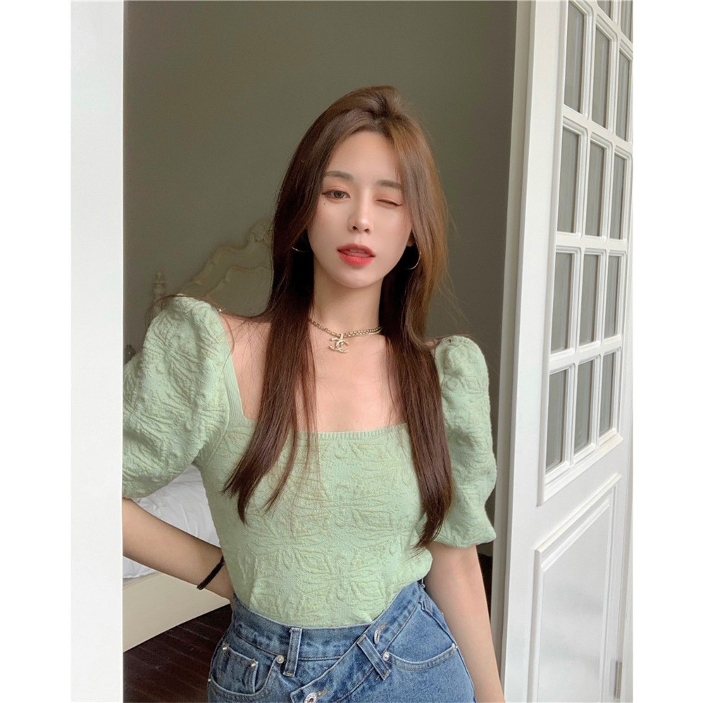 Baru Jacquard Puff Sleeve Retro Square Kerah Pendek Top Wanita Fit Ramping Pelangsing Sweater 3ccH