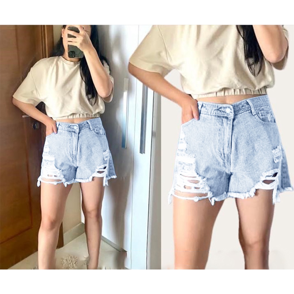 HOPYLOVY Celana Pendek Ripped Jeans Highwaist Hotpants Jeans Rawis Wanita Lavina