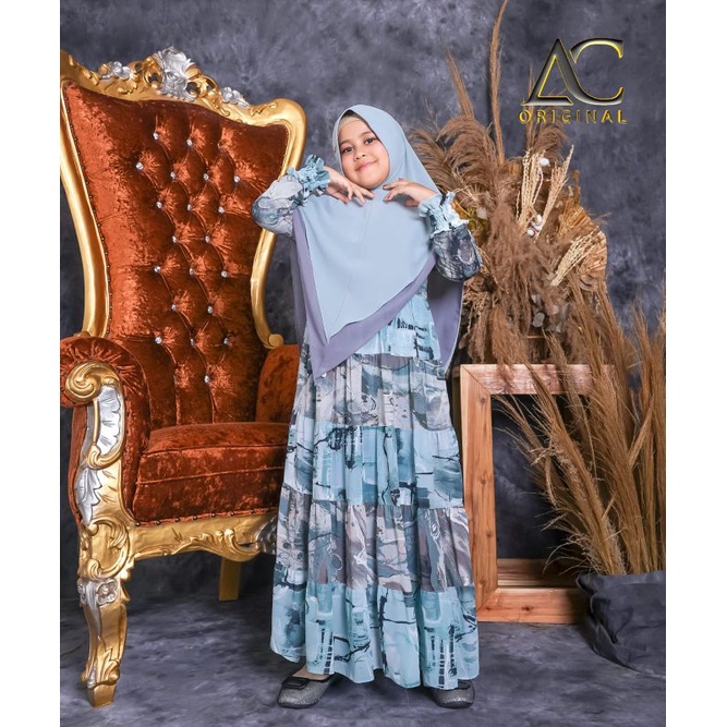 GAMIS MUSLIM SYAR'I SERUNI ANAK / KIDS SET HIJAB BAHAN CERUTI ARMANI PRINTING BY AC ORIGINAL COLLECT