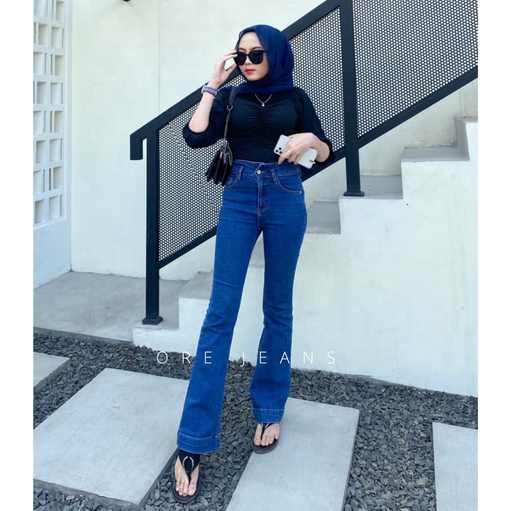 ORE - Celana Cutbray Jeans Highwaist Polos Panjang Wanita - Auto Slim