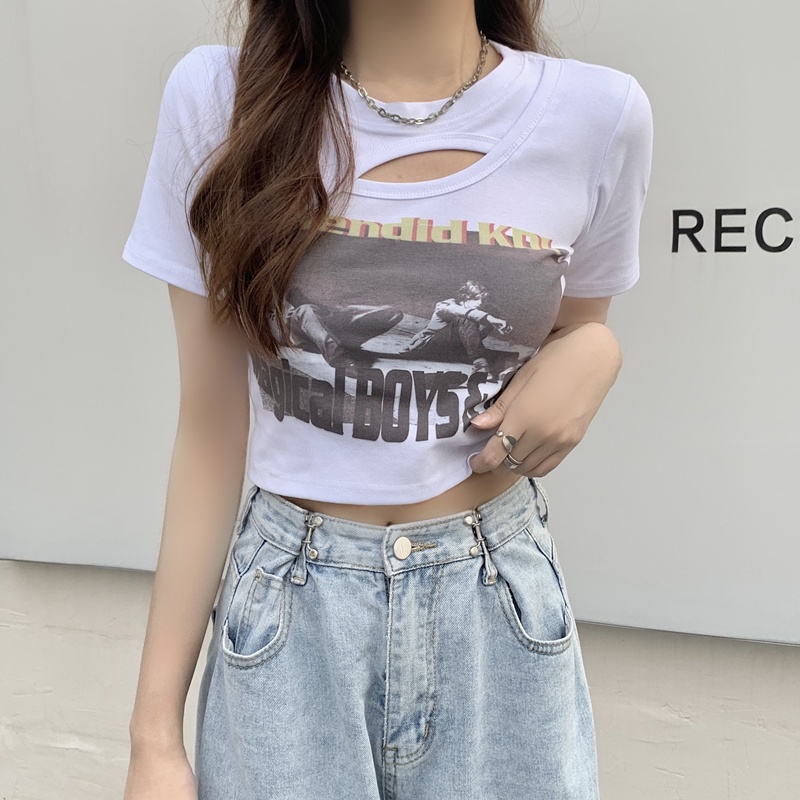 Musim panas wanita Korea baru crop top printing kaos lengan pendek berongga seksi kreatif