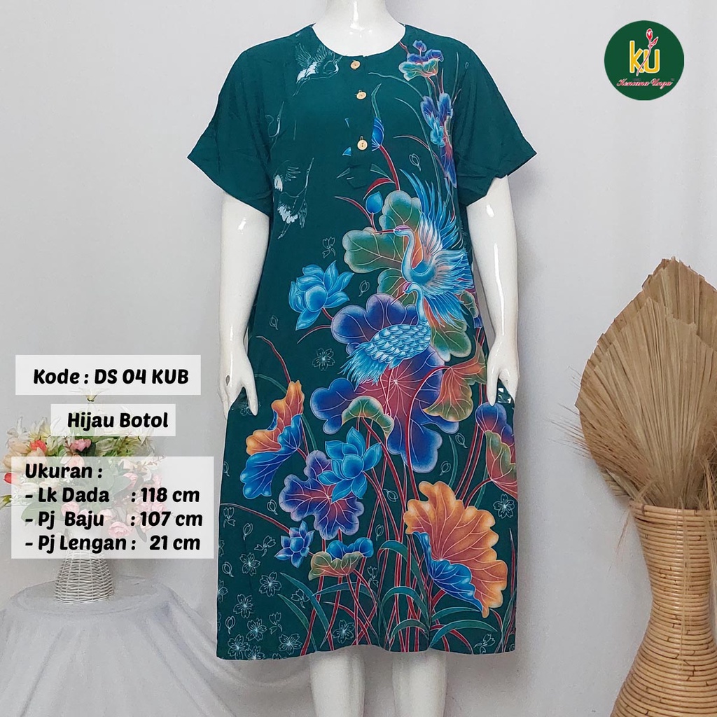 COD DS04 KUB | Daster Batik Kencana Ungu Asli Label Biru Uk. Jumbo LD 120 cm | Baju Santai Tidur Wanita Dewasa Kancing Depan Busui Friendly Motif Terbaru-Hijau Botol E