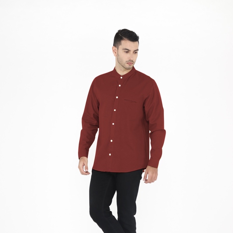 Yobebee Kemeja Pria Dewasa Linen Tangan Panjang Baju Muslim Atasan Polos Slim Fit Kemeja Koko Chiangi Kerah Laki Laki Baju Couple Anak dan Ayah-Redberry