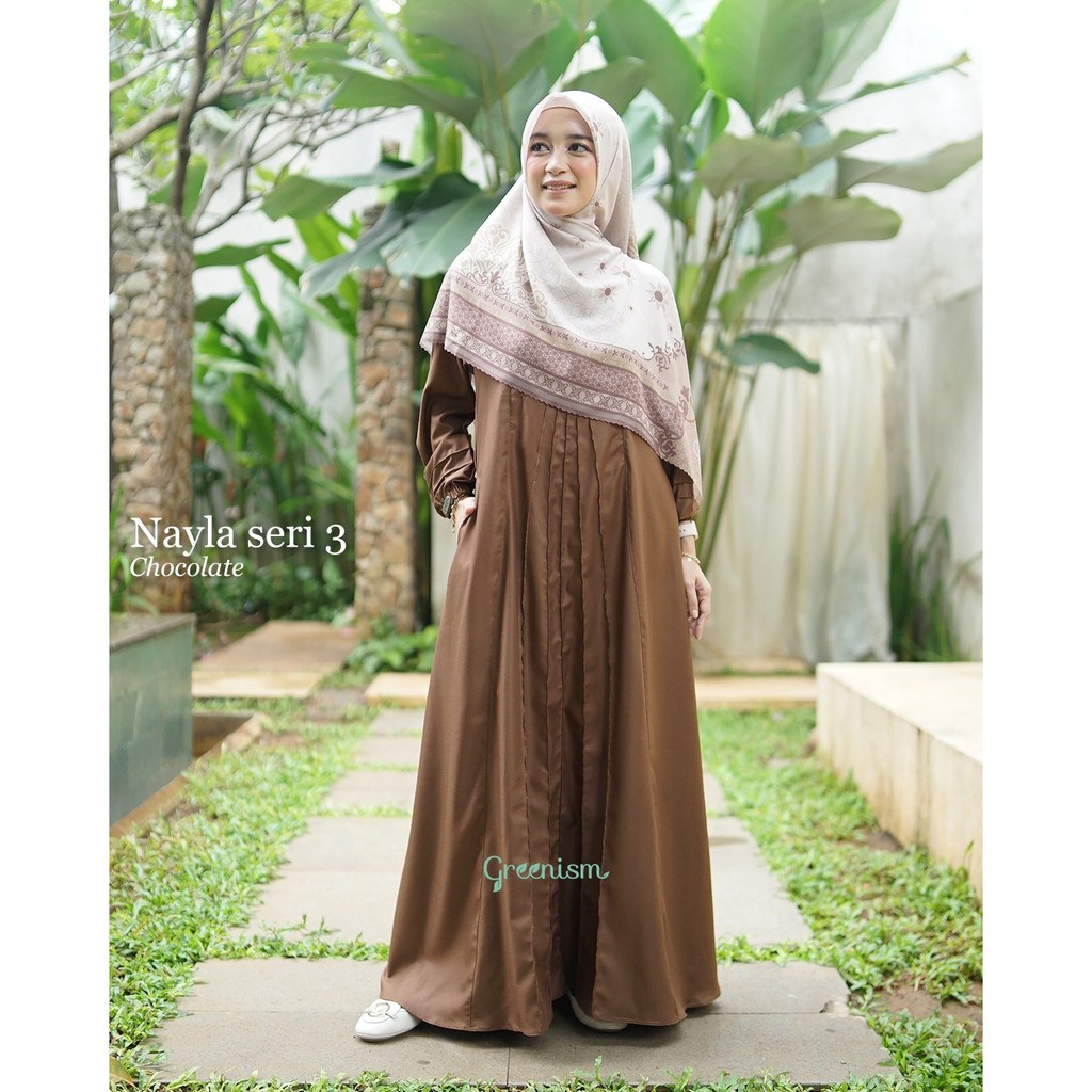 Nayla Dress Greenism / Gamis Syari Busui Polos Katun Toyobo Premium Formal Casual Remeja Coklat Baju