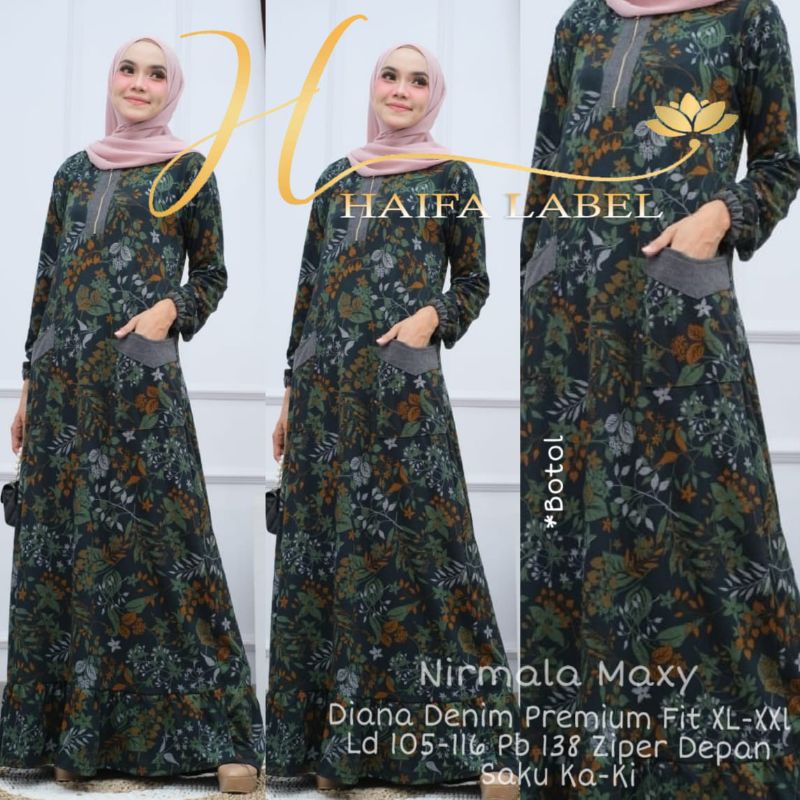 Nirmala Maxy Fashion Wanita Muslim Gamis Busui Fab Diana Denim Premium Zipper Depan Saku Kanan Kiri