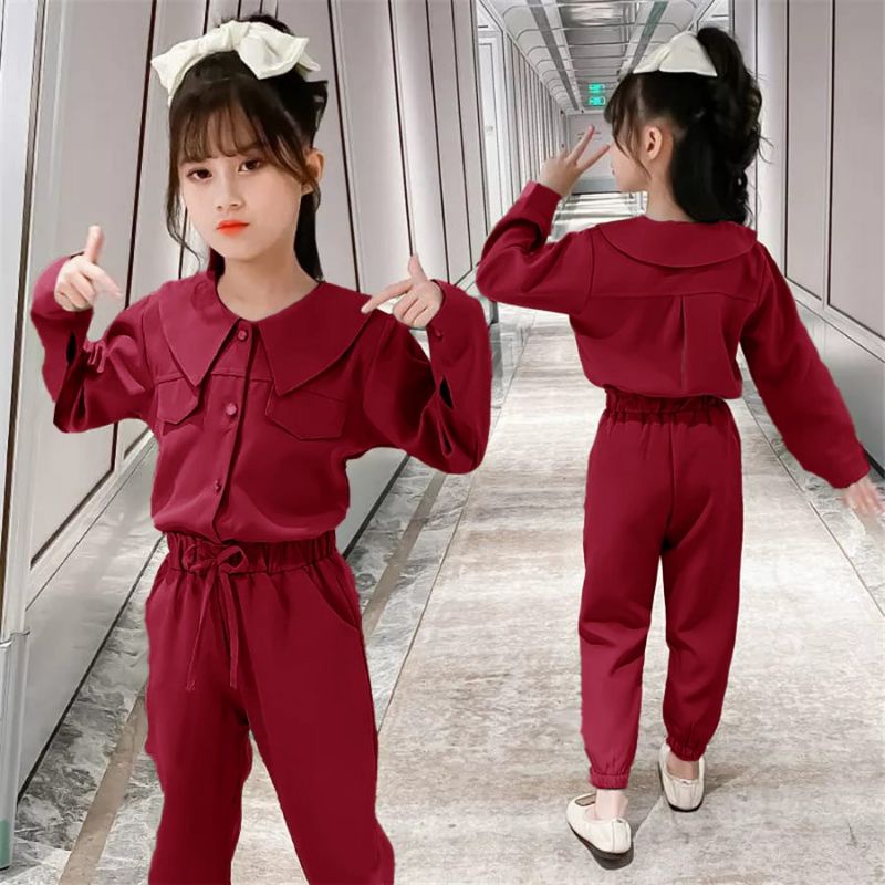 Stelan Kemeja Anak Perempuan Kekinian Lengan Panjang Celana Panjang/Set Jennie Kids 3-11 Tahun Matt Moscrepe