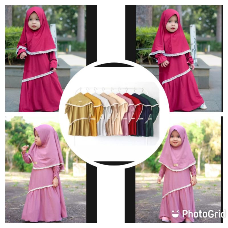 Gamis Zhafira Set Hijab Anak Perempuan Usia 2-7 Tahun |Setelan Busana Bju Syari Bayi Terbaru 3-5 Thn |Stelan Pakaian Tanggung Little Pineapple Baju Muslim Lucu