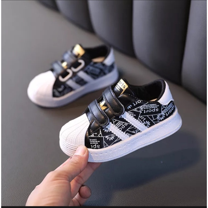 Sepatu Sneakers Anak Laki-Laki / Perempuan Murah Motif Sports Flat 2 Terbaru Dan Trendi Umur 3-10 Tahun | Sepatu Anak Laki-Laki Lucu - Hitam