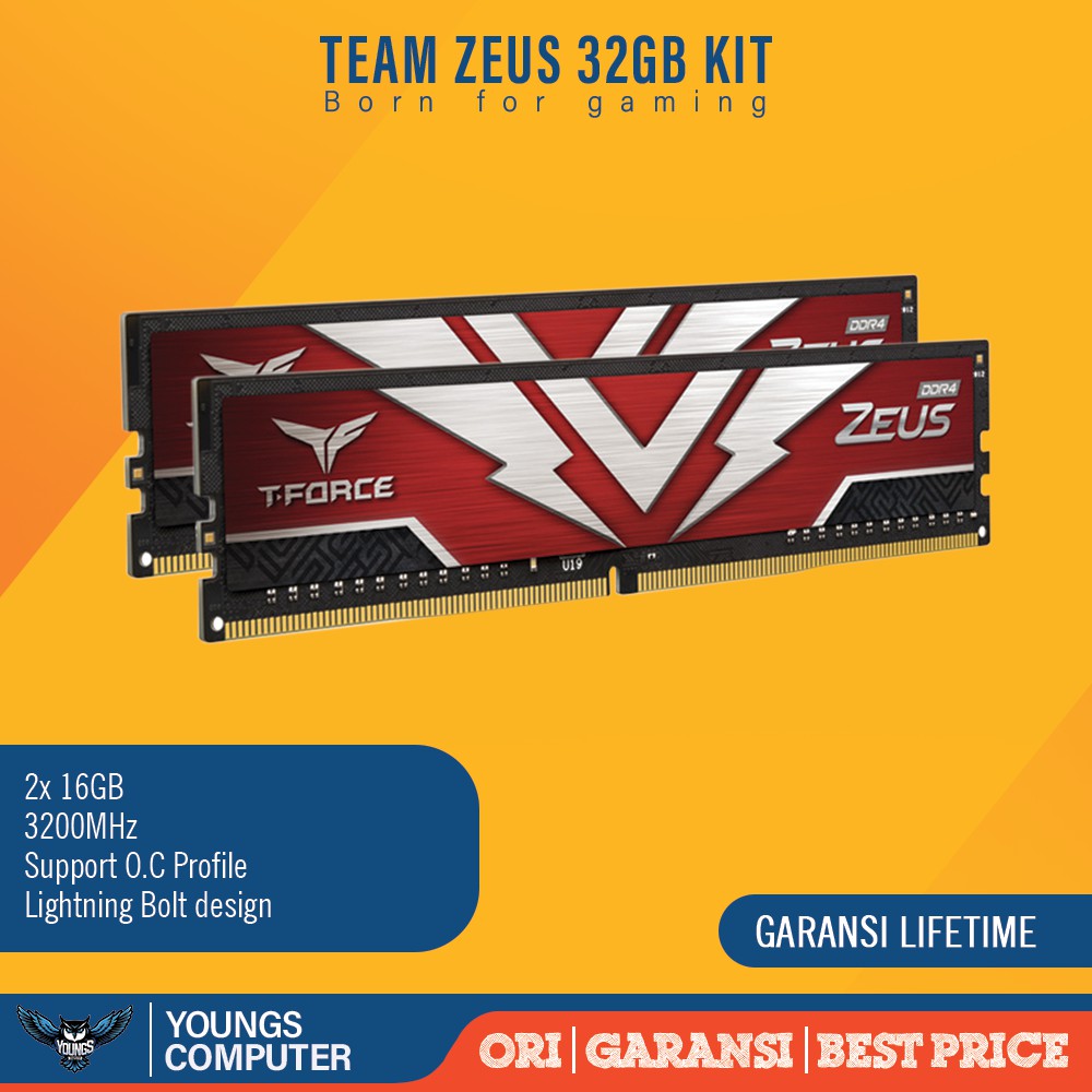 TEAM T-FORCE ZEUS DDR4 32GB KIT 3200 MHz (2x16GB) GAMING MEMORY RAM Longdimm