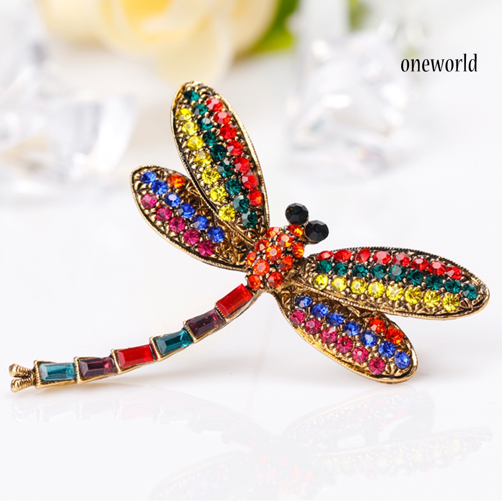 OW@ Women Vintage Multicolor Rhinestone Dragonfly Insect Scarf Accessory Brooch Pin