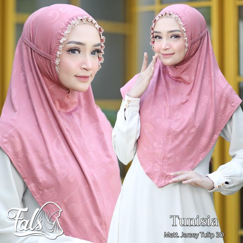 (Ori Fals) TUNISIA •kerudung instan jersey tulip 3D•bergo renda