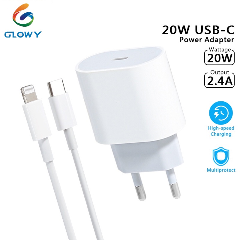 glowytoko Charger PD 20W 2.4A Fast Charging Adapter QC3.0 Type-C PD Charger untuk Iphone 12 X Xs 8 Xiaomi Phone