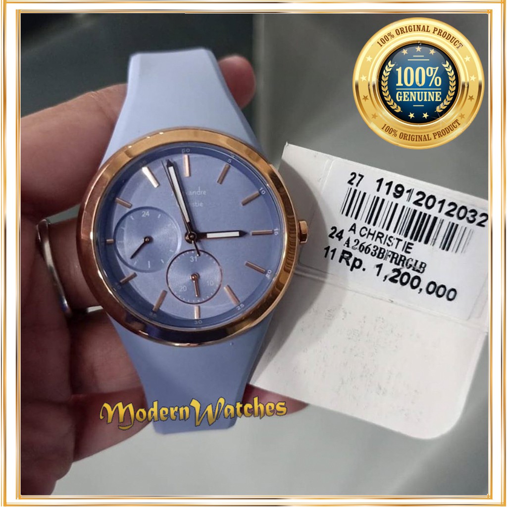 Jam Tangan Rubber Ori Wanita Alexandre Christie AC 2663 Light Blue Biru Terang Rosegold