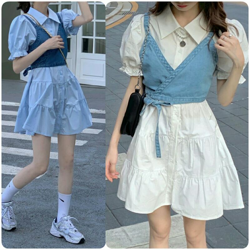 0011 Baju mini dress set vest rompi denim biru wanita import setelan baju mini dress pendek gaun san