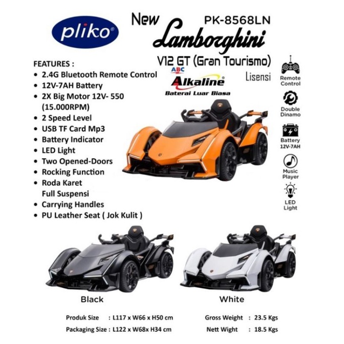 Pliko Lamborgini V12 Gran Tourismo PK - 8568 - Mobil Mainan Aki