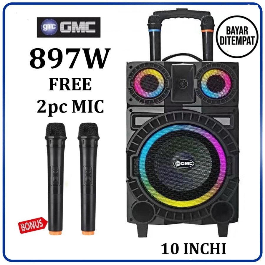 Speaker Portable Bluetooth Amplimeeting GMC 897W 897 W 10in 10 Inch Bonus 2 Mic Wireless Speaker Karaoke