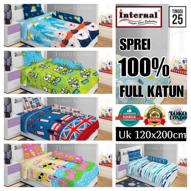 Sprei Katun INTERNAL Single Size uk 120x200 Tinggi 25 T25cm FULL 100% KATUN MURAH British Beach Car Goldie Ocean Snow Rabbit Ker0pi