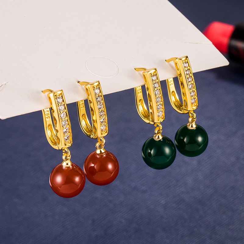 Anting Bentuk U Hias Berlian chalcedony Warna Merah Hijau Gaya Korea Untuk Wanita