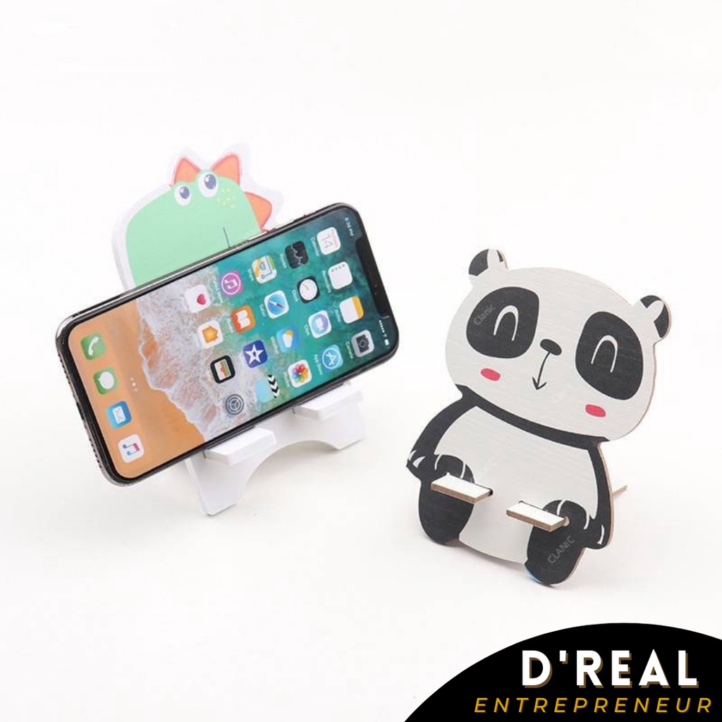 Stand Holder Dudukan Handphone Universal Bahan Kayu Karakter Kartun Lucu Isi 3 Pcs