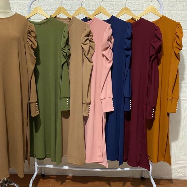 ➺ TUNIK BALON 1 RAJUT IMPORT MUTIARA POLOS MUSLIM LONG MELAR BIGSIZE XL XXL TANGAN BALON PUFF MURAH 