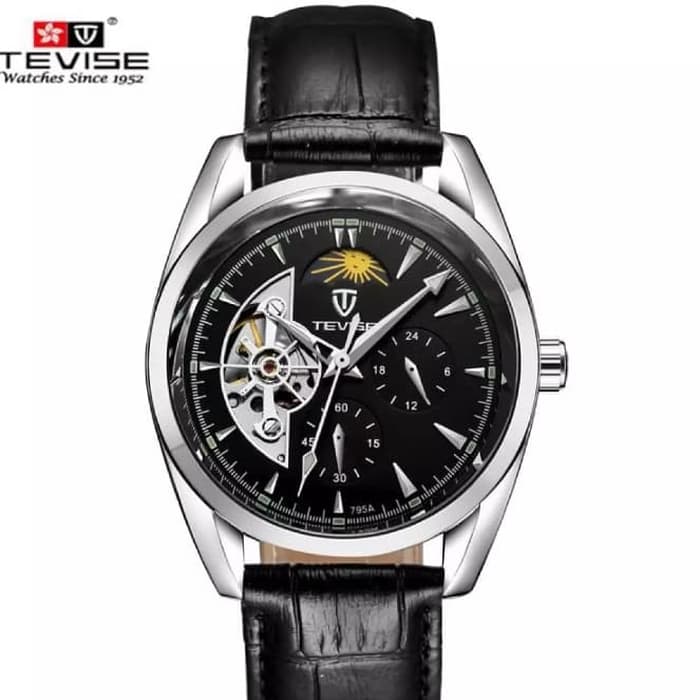 Jam Tangan Mekanik Automatic Tevise Tourbillon Fase Bulan Silver Black