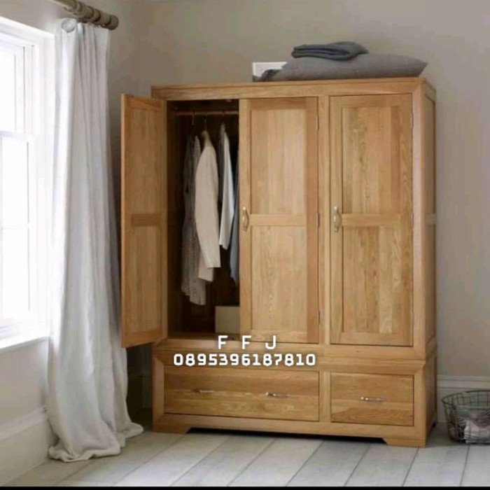 almari baju 3 pintu minimalis modern,lemari pakaian kayu jati solid
