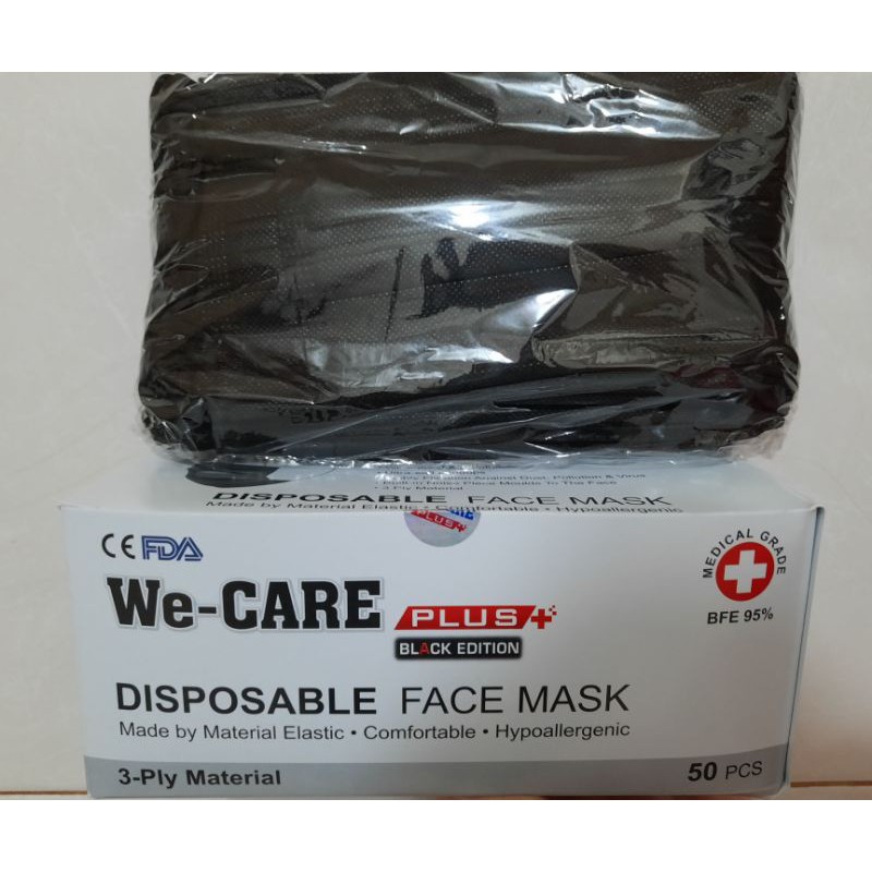 Masker WECARE We Care Plus+ Earloop Mask 3ply Hitam BLACK EDITION