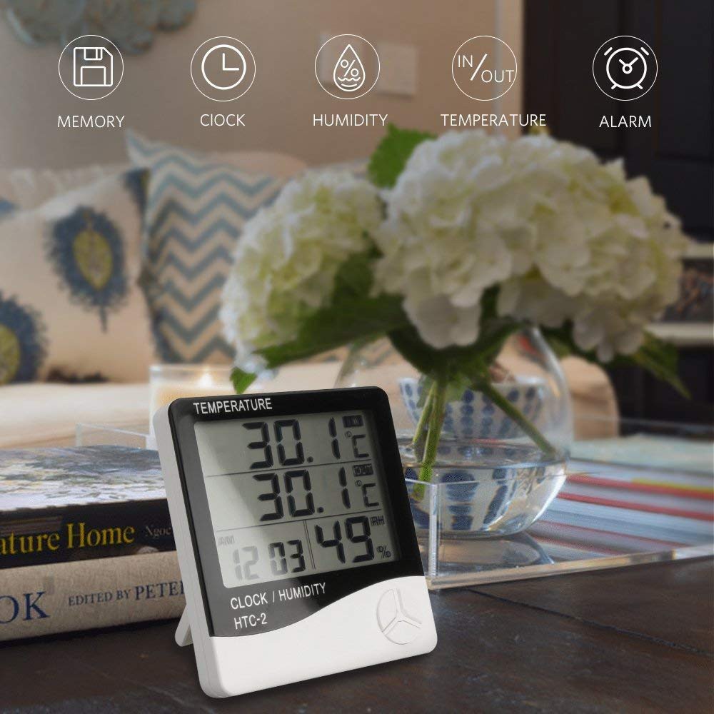 HTC-2 Digital Thermometer Hygrometer Suhu Ruang Indoor Outdoor 3 Baris Alarm Clock Jam