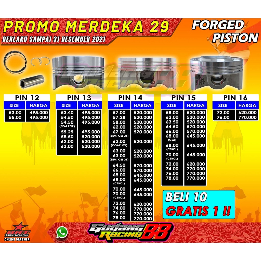 PISTON FORGED SEHER BRT PISTON BRT 58 - 62 - 64.5 - 66 - 66 TIGER - 68 GSX - 68 SEMI CEBOL - 70 CEBO