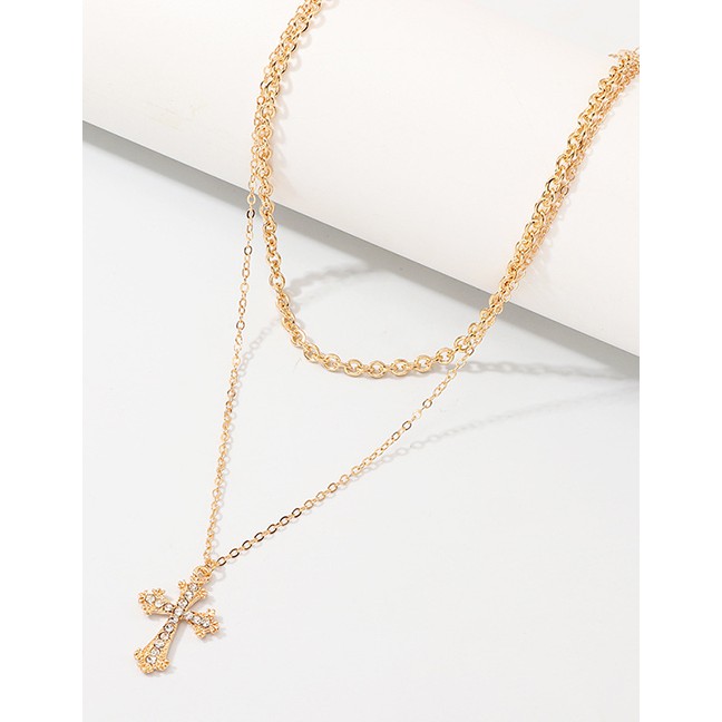 LRC Kalung Fashion Gold Cross-studded Double-layer Necklace D28004