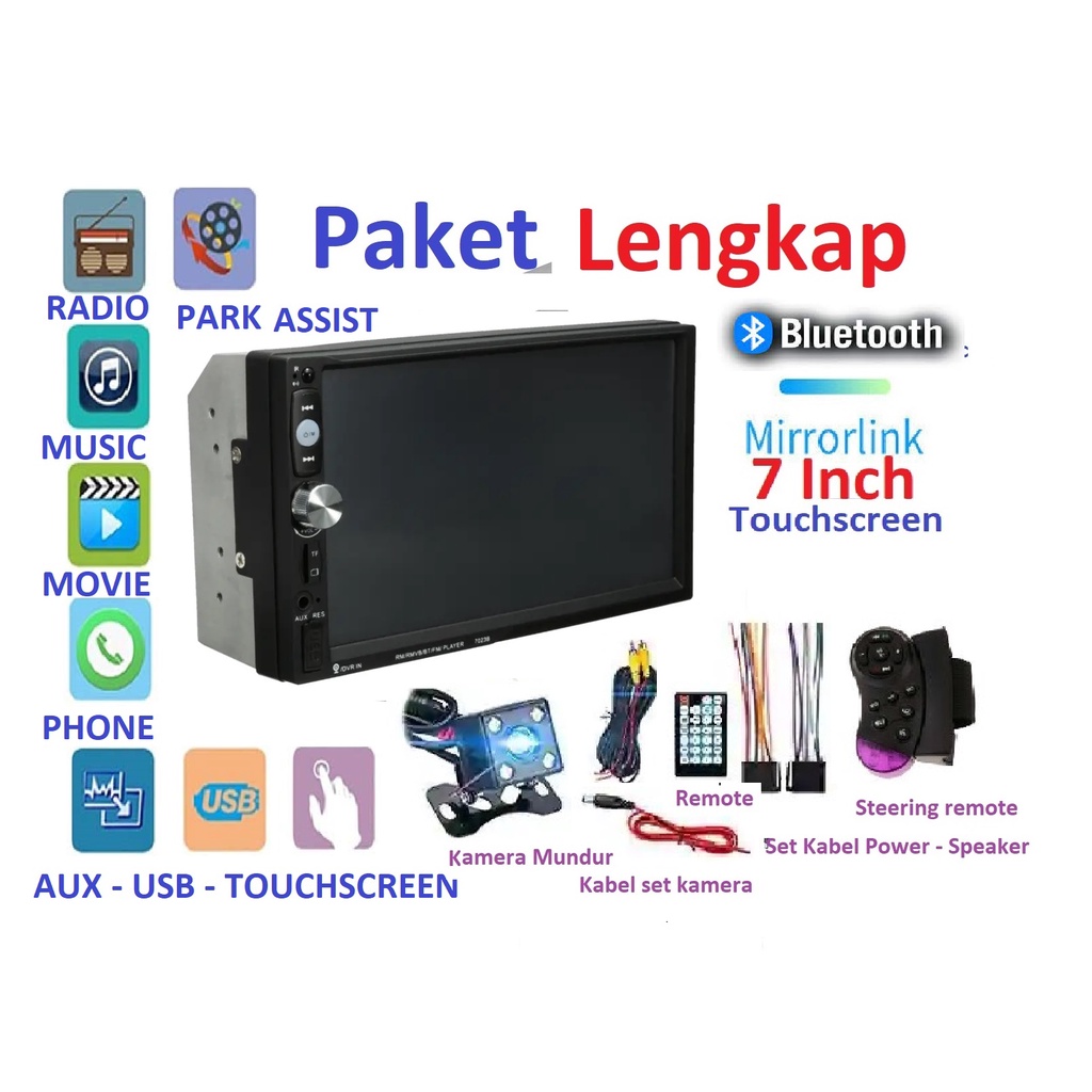 Paket Tape Mobil Head unit touch screen 7 inch MirrorLink termasuk kamera mundur