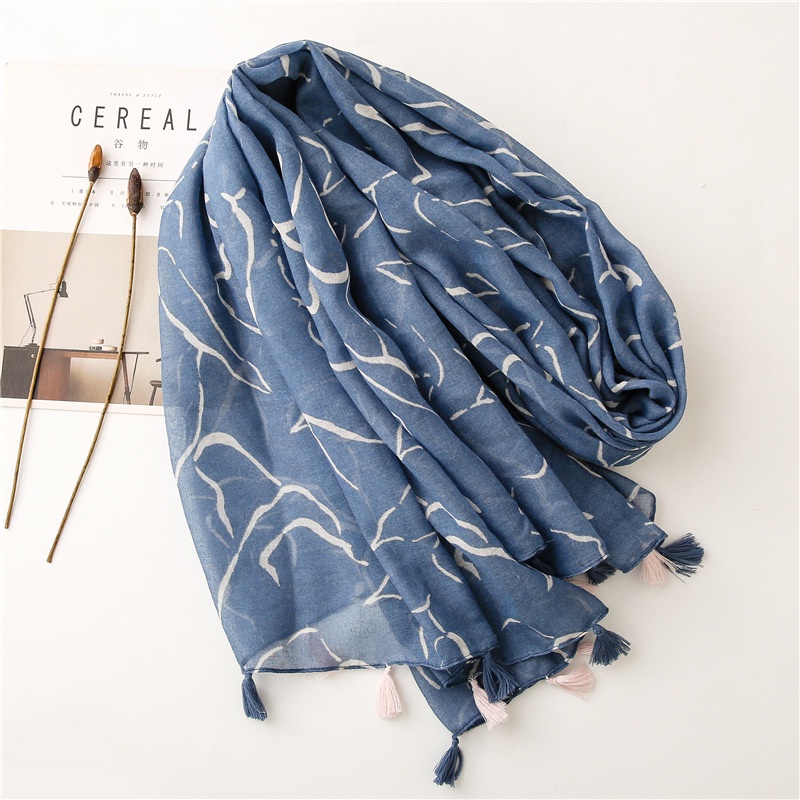 ITSFRIDAY KANA Scarf  - Premium Pashmina Shawl Selendang Syal Pasmina Hijab Import Motif Pattern Biru Putih Cantik Tassel